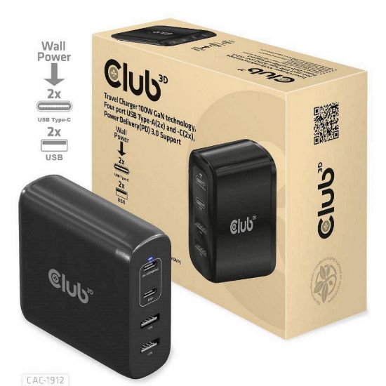 Obrázek Club3D cestovní nabíječka 100 W GAN technologie, 2xUSB- A a 2xUSB- C, PD 3.0 Support