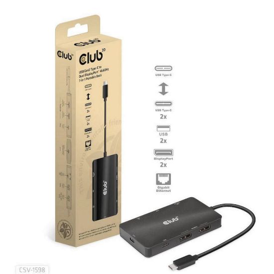 Obrázek Club3D Dokovací stanice USB- C 7v1, 2xDP, 2xUSB- C, 2xUSB, 1xRJ45, černá