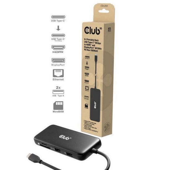 Obrázek Club3D Dokovací stanice USB- C 8v1, 1xHDMI, 1xDP, 1xUSB- C, 2xUSB, 1xRJ45, černá