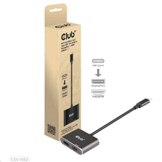 Obrázek Club3D hub MST (Multi Stream Transport) USB3.2 Gen2 Type- C(DP Alt- Mode) na DisplayPort + HDMI 4K60 Hz (M/ F)