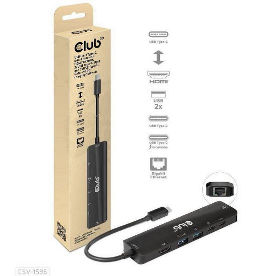 Obrázek Club3D hub USB- C, 6- in- 1 Hub s HDMI 8K30 Hz, 2xUSB Type- A, RJ45 a 2xUSB Type- C, Data a PD nabíjení 100 W