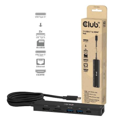 Obrázek Club3D hub USB- C, 7- in- 1 hub s 2x USB, 1xHDMI, 1xUSB- C PD, RJ45, microSD/ SD, 140 W, 4K60 Hz, 1m kabel