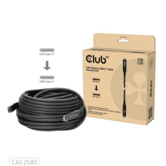 Obrázek Club3D Kabel USB- C, 10 Gbps, 4K120 Hz, 8K60 Hz, 60 W, Bi- directional, 15m, černá