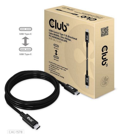 Obrázek Club3D Kabel USB4 Gen3 x 2 Type- C Oboustranný kabel 8K60 Hz, Data 40 Gbps, PD 240 W(48V/ 5A) EPR M/ M 2m
