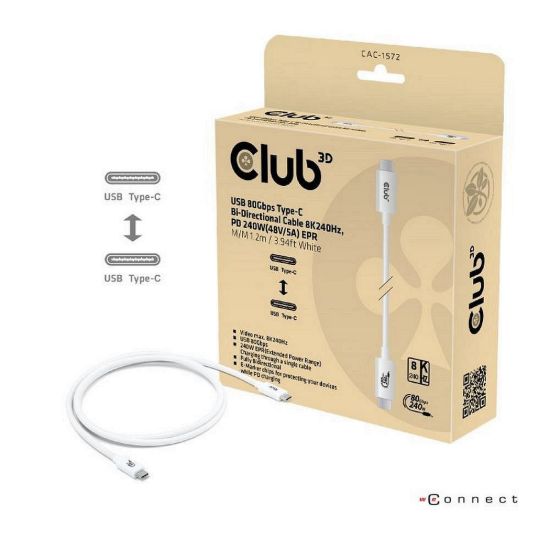 Obrázek Club3D Kabel USB4 Typ- C, 80Gbps, Certifikovaný kabel, 4K540 Hz, 8K240 Hz, 16K60 Hz, PD 240 W, 1.2m, bílá