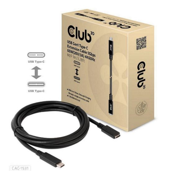 Obrázek Club3D Prodlužovací kabel USB- C, 5Gbps, 60 W(20V/ 3A), 4K60 Hz (M/ F), 1m