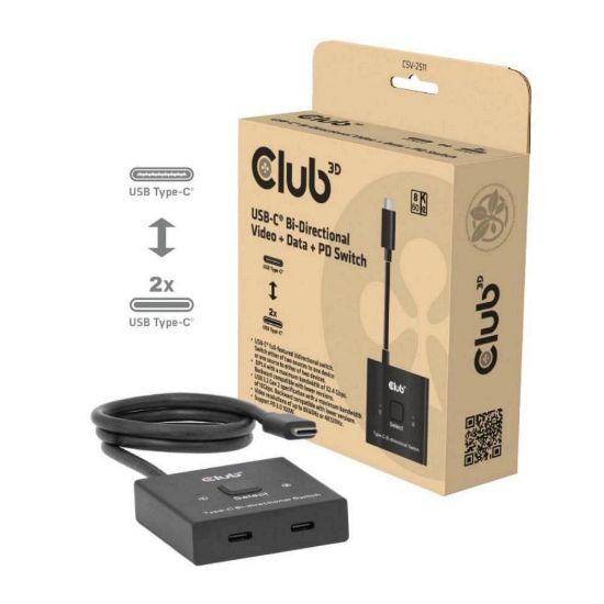 Obrázek Club3D Switch, USB- C na 2xUSB- C Oboustranný 2v1, 8K60 Hz, 4K120 Hz, PD 100 W