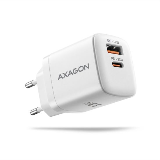 Obrázek AXAGON ACU- PQ33 W, GaN nabíječka do sítě 33 W, USB- A + USB- C, PD3.0/ PPS/ QC4+/ SFC2.0/ Apple, bílá