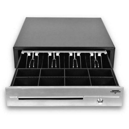 Obrázek Virtuos pokladní zásuvka C430D - s kabelem, kovové držáky, nerez panel, 9- 24V, černá